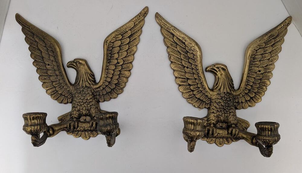 Vintage Brass Cast Metal Federal American Eagle Wall Sconces Candle Holders Pair